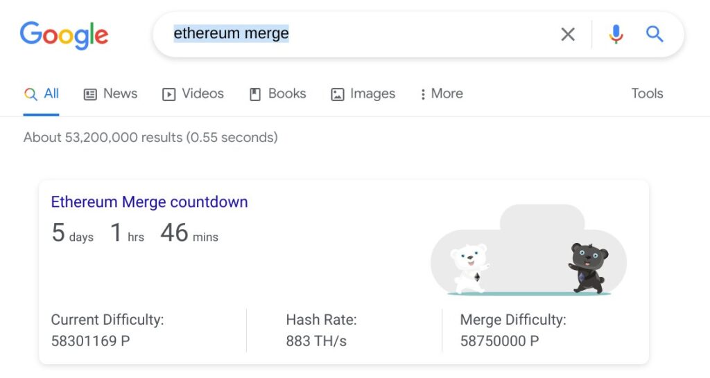 Google buat hitung mundur The Merge Ethereum. Foto: Google.