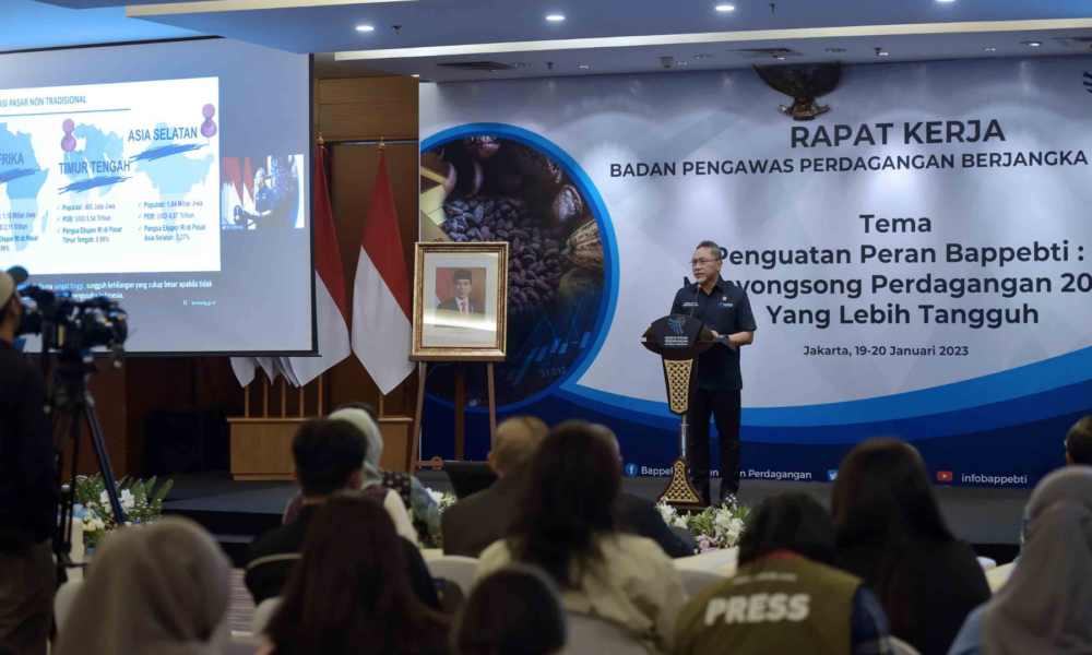 Menteri Perdagangan, Zulkifli Hasan membuka Rapat Kerja Badan Pengawas Perdagangan Berjangka Komoditi (Bappebti) dengan tema “Penguatan Peran Bappebti: Menyongsong Perdagangan 2023 yang Lebih Tangguh” di Kantor Kementerian Perdagangan, Jakarta, Kamis (19 Jan). Sumber: Bappebti.