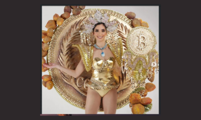 Kontestan El Savador Pakai Kostum Tema Bitcoin di Ajang Miss Universe.