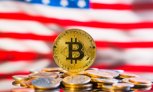 Ilustrasi bendera Amerika Serikat dan Bitcoin. Sumber: Shutterstock.