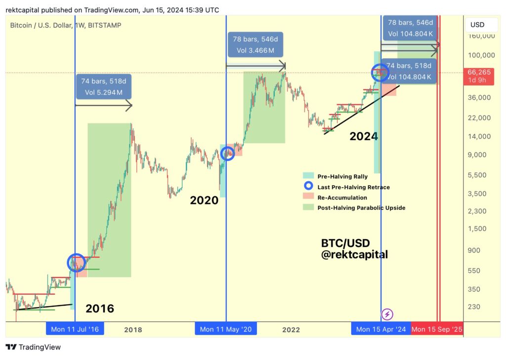 Siklus halving historis Bitcoin. Sumber: Rekt Capital.