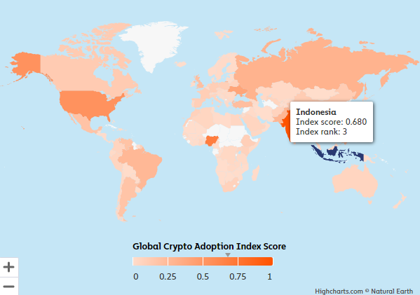 Skor indeks adopsi kripto global menunjukkan Indonesia berada di peringkat ketiga teratas. Sumber: Chainalysis.