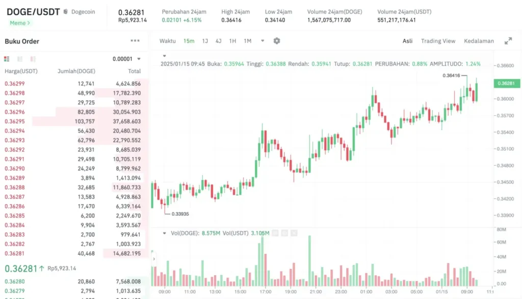 Grafik Harga DOGE USDT Hari Ini 15 Januari 2025. Sumber : Tokocrypto