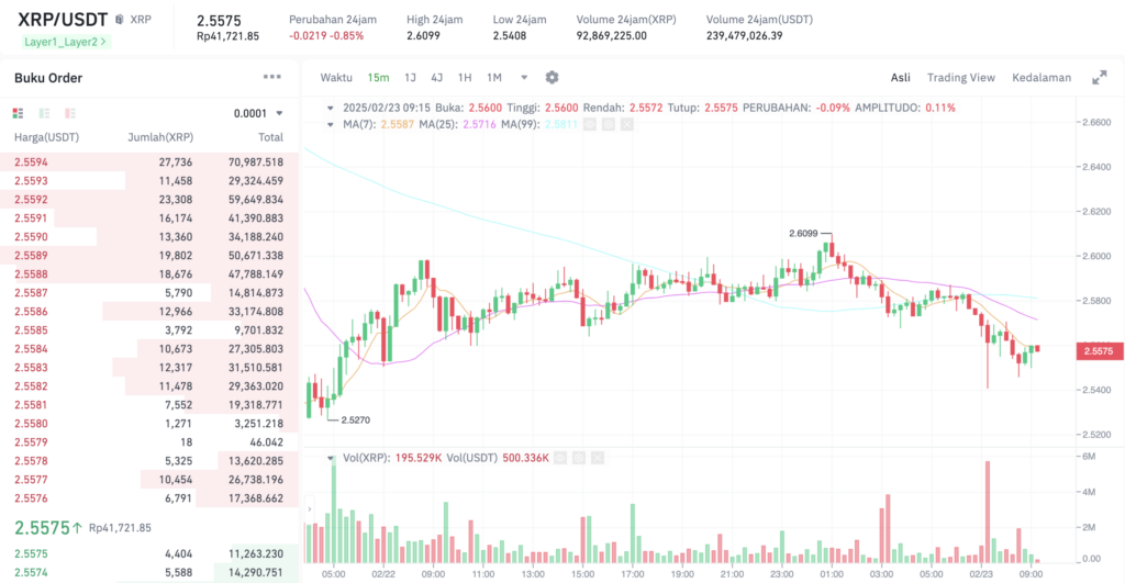 Pergerakan harga XRP (XRP/USDT) pada Minggu, 23 Februari 2025. Sumber: Tokocrypto. 