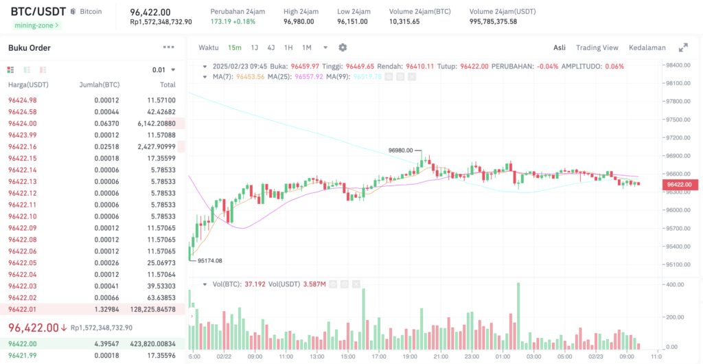 Pergerakan harga Bitcoin (BTC/USDT) pada Minggu, 23 Februari 2025. Sumber: Tokocrypto. 