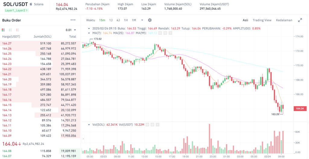 Pergerakan harga Solana (SOL/USDT) pada Senin, 24 Februari 2025. Sumber: Tokocrypto. 