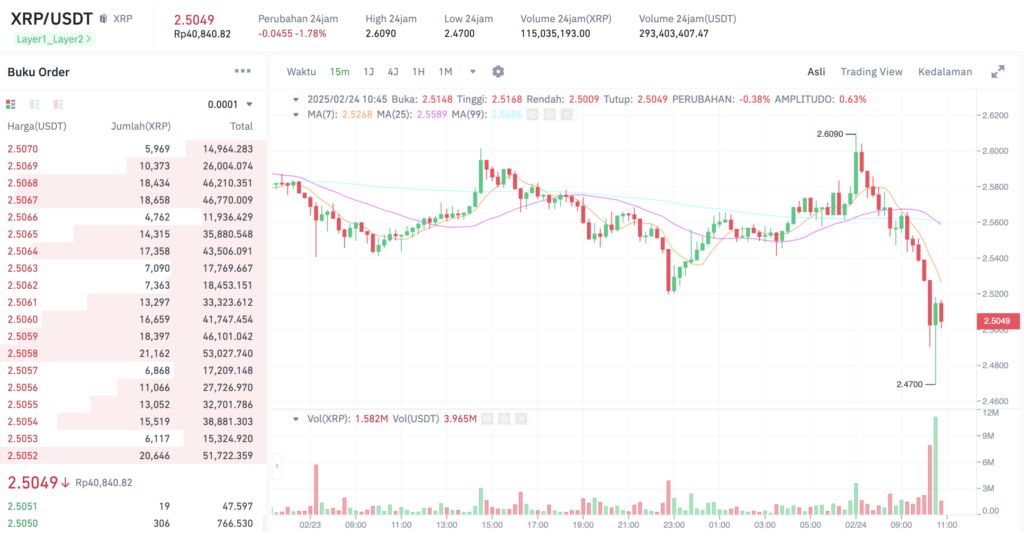 Pergerakan harga XRP (XRP/USDT) pada Senin, 24 Februari 2025. Sumber: Tokocrypto. 