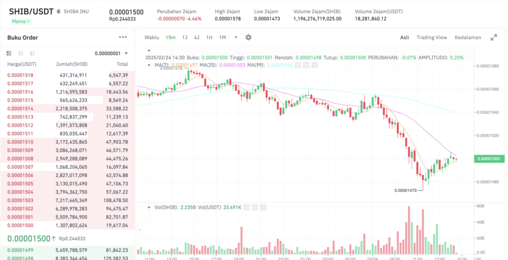 Pergerakan harga Shiba Inu (SHIB/USDT) pada Senin, 24 Februari 2025. Sumber: Tokocrypto. 