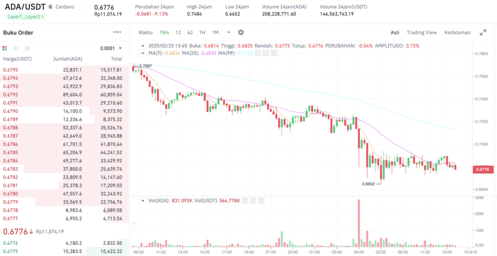 Pergerakan harga Cardano (ADA/USDT) pada Selasa, 25 Februari 2025. Sumber: Tokocrypto. 