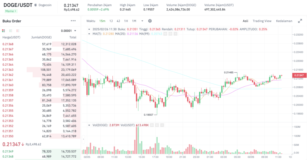 Pergerakan harga Dogecoin (DOGE/USDT) pada Rabu, 26 Februari 2025. Sumber: Tokocrypto. 