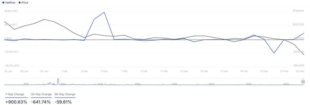 Netflow Pemegang Besar Bitcoin. Sumber: IntoTheBlock.