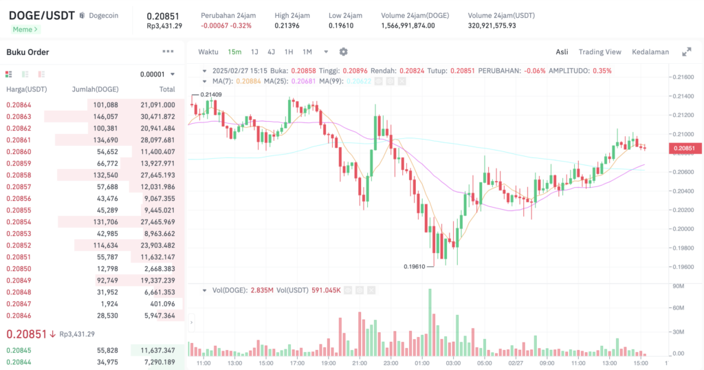 Pergerakan harga Dogecoin (DOGE/USDT) pada Kamis, 27 Februari 2025. Sumber: Tokocrypto. 