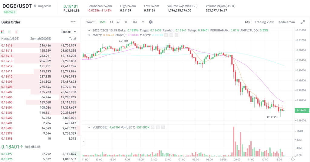 Pergerakan harga Dogecoin (DOGE/USDT) pada Jumat, 28 Februari 2025. Sumber: Tokocrypto. 