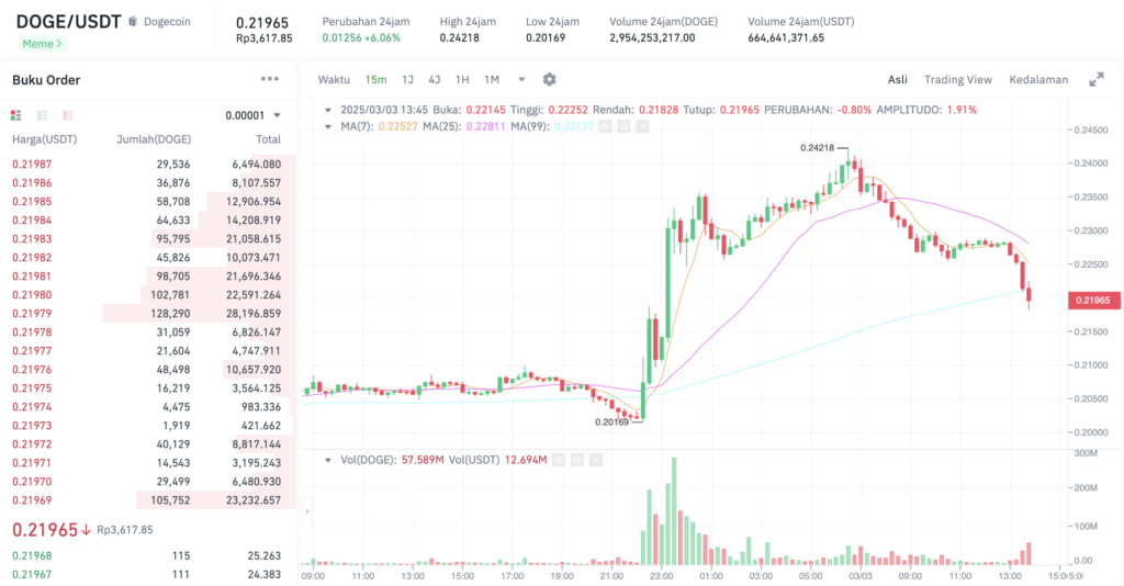 Pergerakan harga Dogecoin (DOGE/USDT) pada Senin, 3 Maret 2025. Sumber: Tokocrypto.