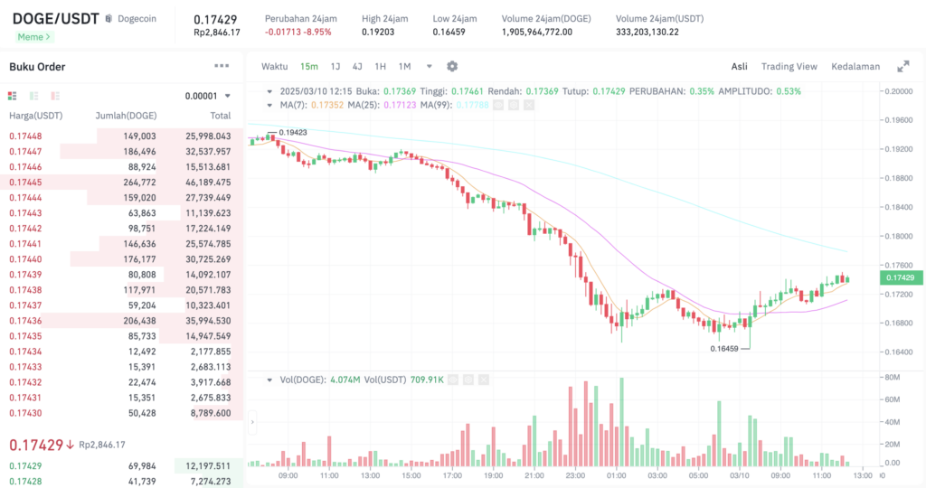 Pergerakan harga Dogecoin (DOGE/USDT) pada Senin, 10 Maret 2025. Sumber: Tokocrypto.