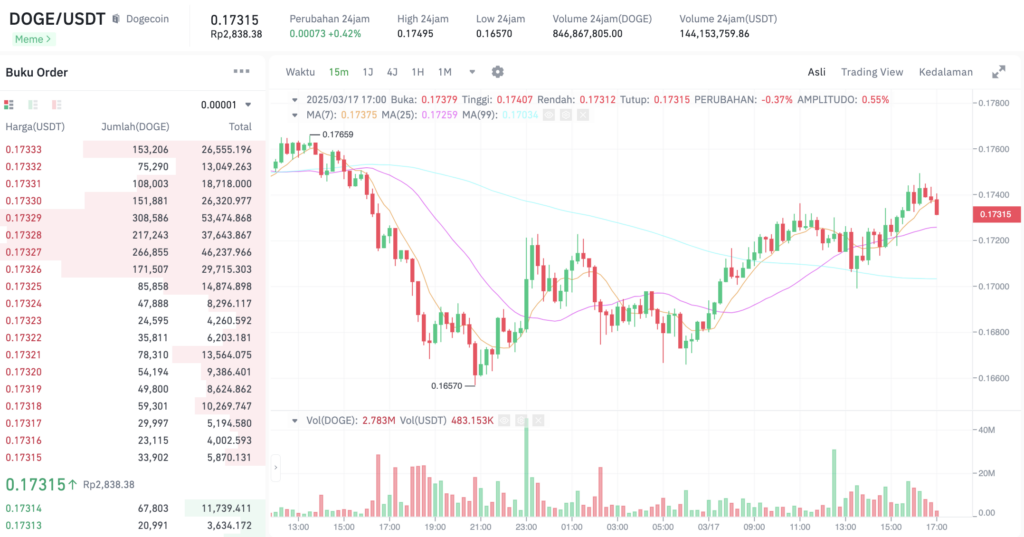 Pergerakan harga Dogecoin (DOGE/USDT) pada Senin, 17 Maret 2025. Sumber: Tokocrypto.