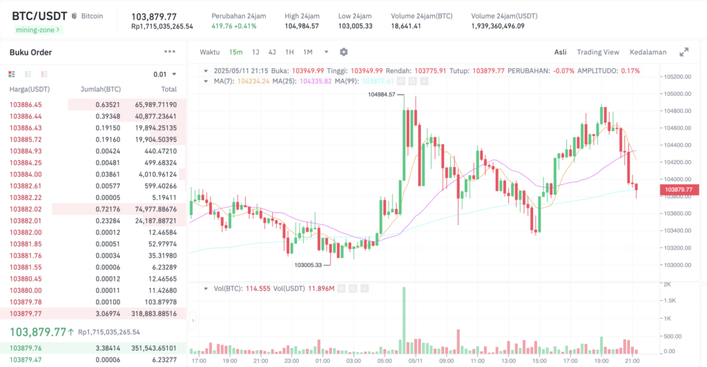 Pergerakan harga Bitcoin (BTC/USDT) pada Minggu, 11 Mei 2025. Sumber: Tokocrypto.
