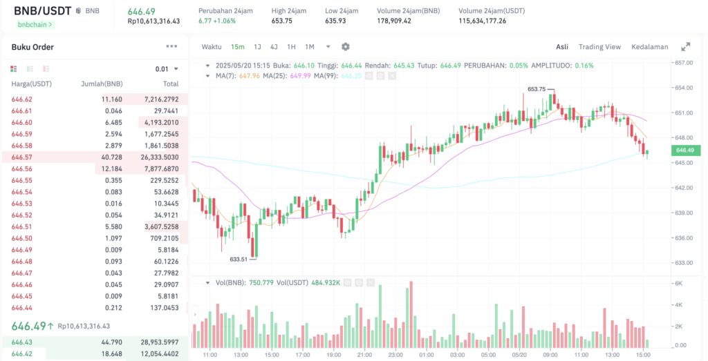 Pergerakan harga Binance Coin (BNB/USDT) pada Selasa, 20 Mei 2025. Sumber: Tokocrypto.