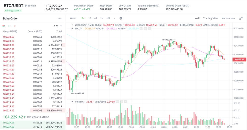 Pergerakan harga Bitcoin (BTC/USDT) pada Minggu, 1 Juni 2025. Sumber: Tokocrypto.