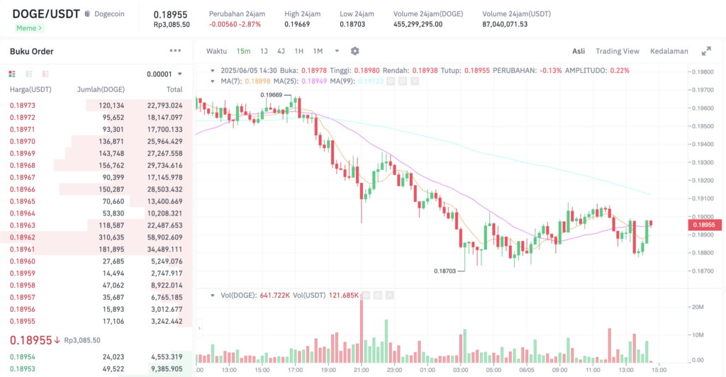 Pergerakan harga Dogecoin (DOGE/USDT) pada Kamis, 5 Juni 2025. Sumber: Tokocrypto.