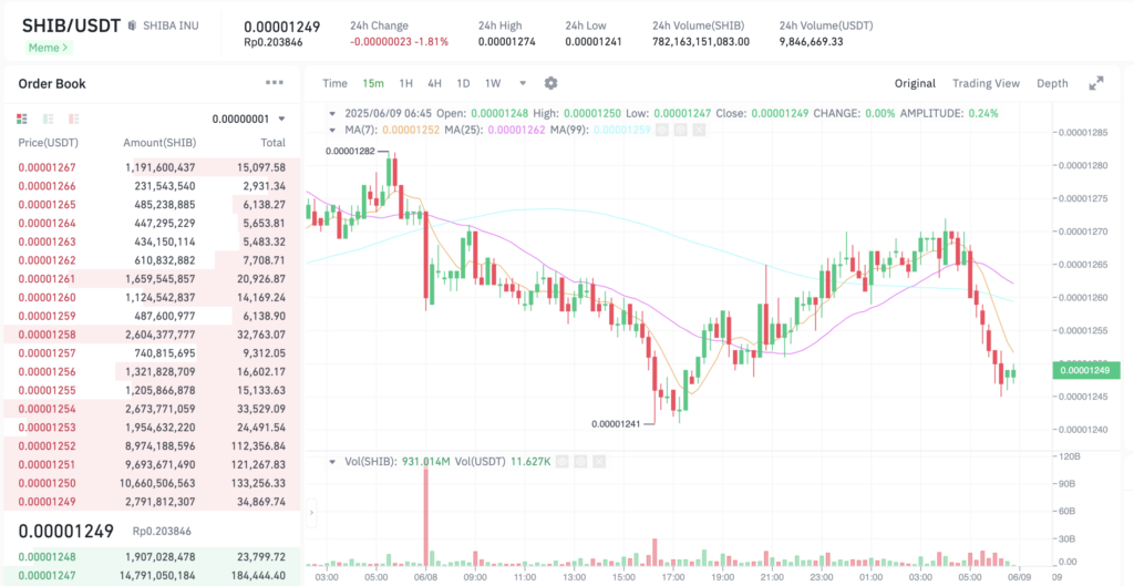 Pergerakan harga Shiba Inu (SHIB/USDT) pada Minggu, 8 Juni 2025. Sumber: Tokocrypto.