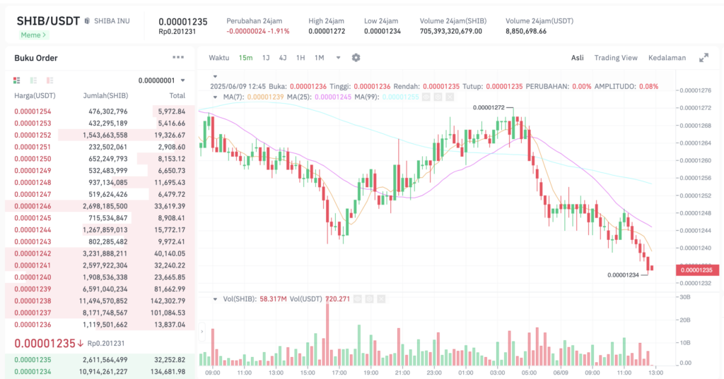 Pergerakan harga Shiba Inu (SHIB/USDT) pada Senin, 9 Juni 2025. Sumber: Tokocrypto.