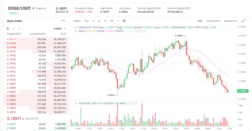 Pergerakan harga Dogecoin (DOGE/USDT) pada Senin, 9 Juni 2025. Sumber: Tokocrypto.