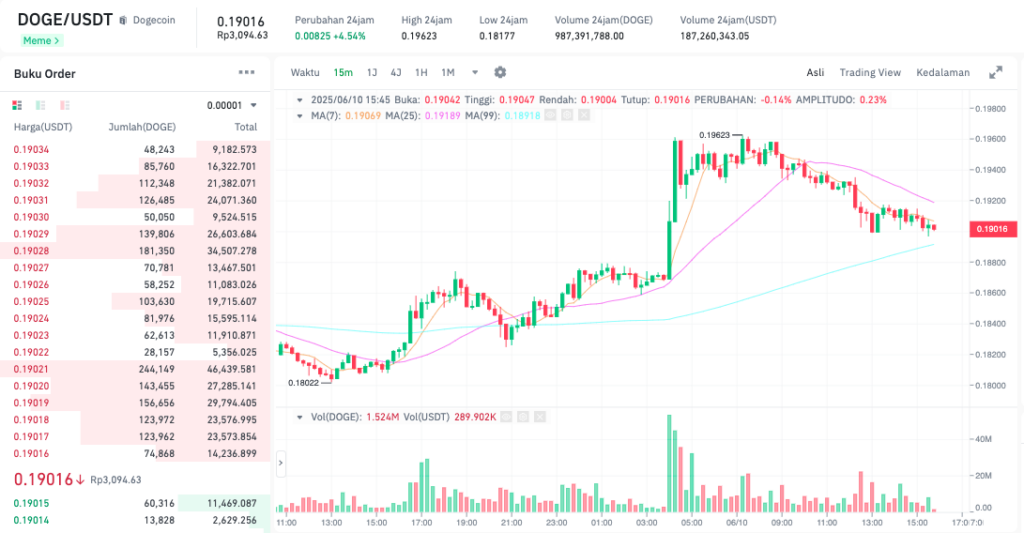 Pergerakan harga Dogecoin (DOGE/USDT) pada Selasa, 10 Juni 2025. Sumber: Tokocrypto.