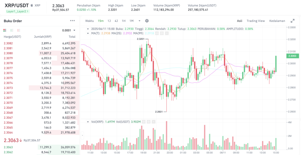 Pergerakan harga XRP (XRP/USDT) pada Rabu, 11 Juni 2025. Sumber: Tokocrypto.