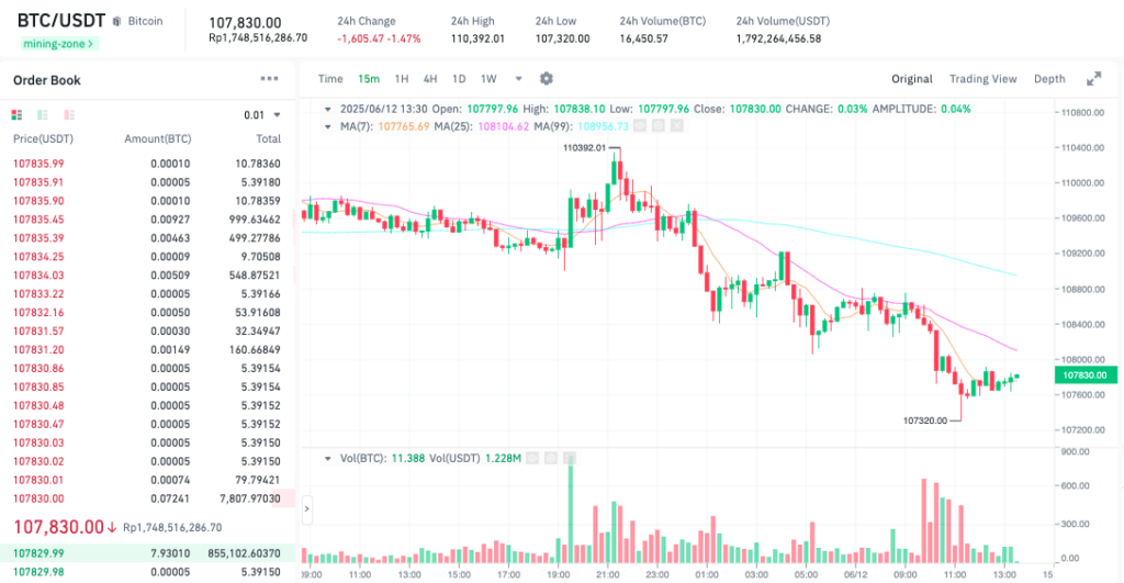 Pergerakan harga Bitcoin (BTC/USDT) pada Kamis, 12 Juni 2025. Sumber: Tokocrypto.