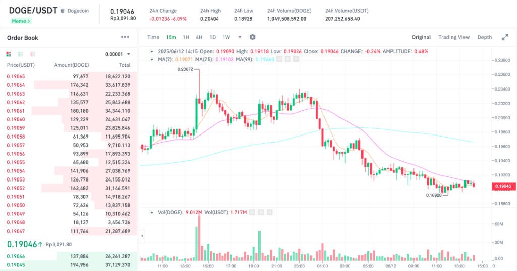 Pergerakan harga Dogecoin (DOGE/USDT) pada Kamis, 12 Juni 2025. Sumber: Tokocrypto.