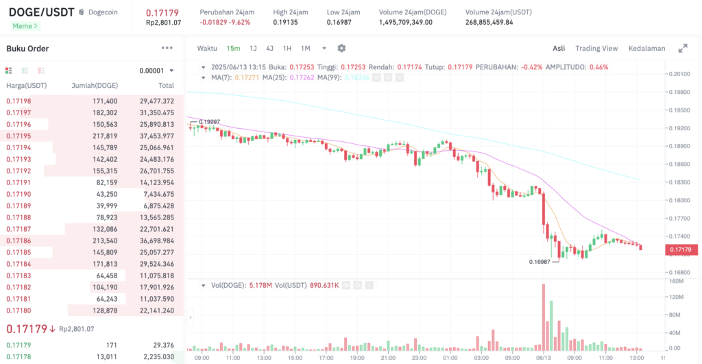Pergerakan harga Dogecoin (DOGE/USDT) pada Jumat, 13 Juni 2025. Sumber: Tokocrypto.