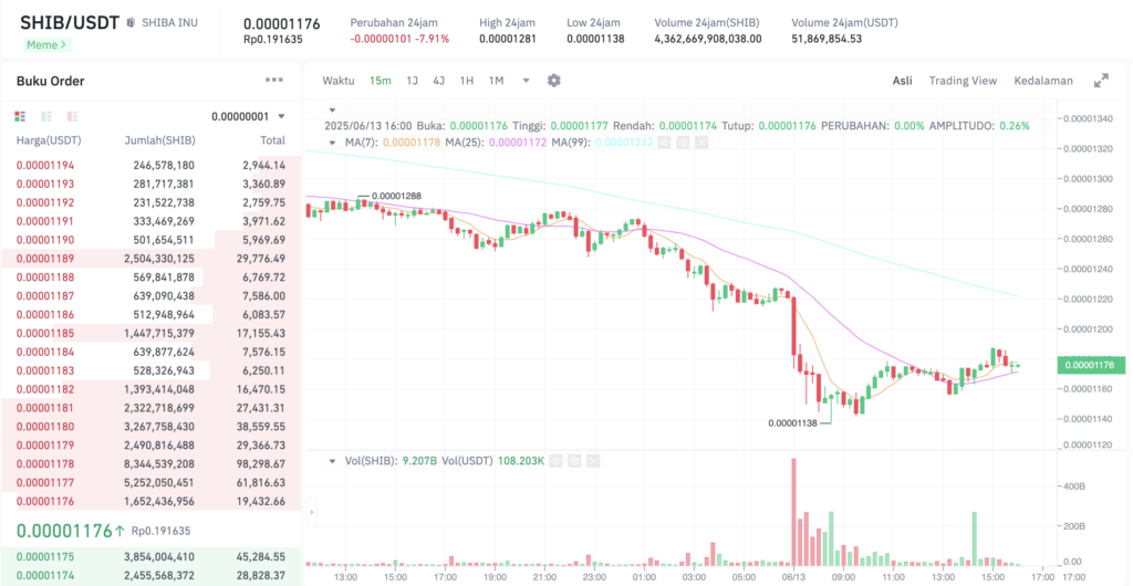 Pergerakan harga Shiba Inu (SHIB/USDT) pada Jumat, 13 Juni 2025. Sumber: Tokocrypto.