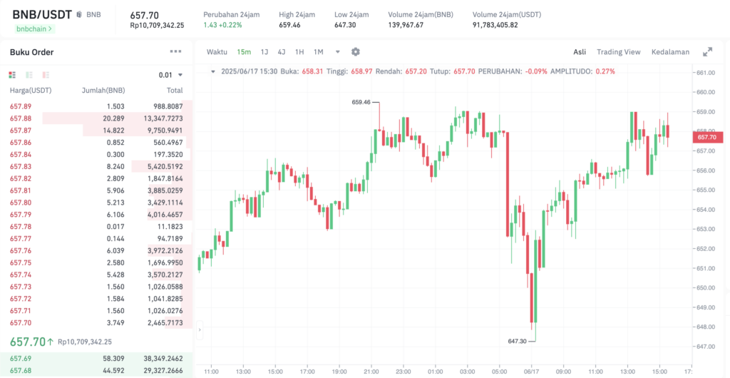 Pergerakan harga Binance Coin (BNB/USDT) pada Selasa, 17 Juni 2025. Sumber: Tokocrypto.