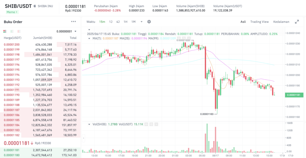 Pergerakan harga Shiba Inu (SHIB/USDT) pada Selasa, 17 Juni 2025. Sumber: Tokocrypto.
