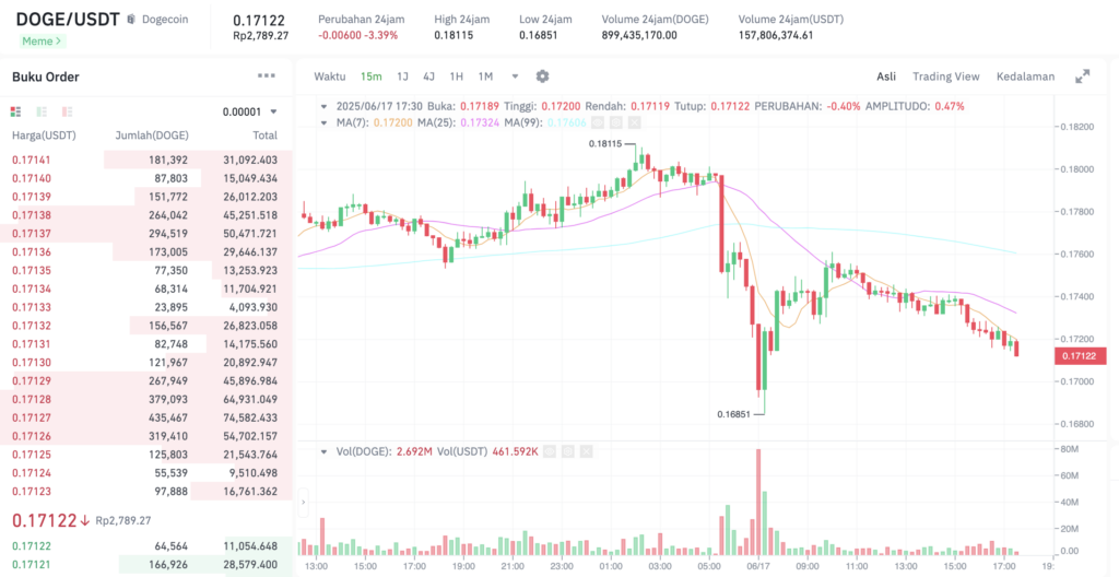 Pergerakan harga Dogecoin (DOGE/USDT) pada Selasa, 17 Juni 2025. Sumber: Tokocrypto.