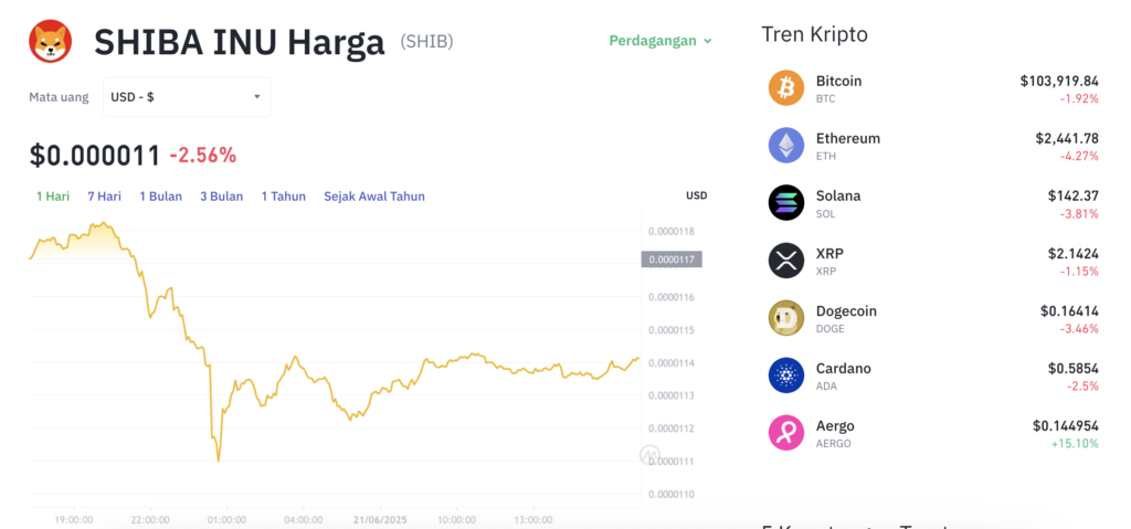 Pergerakan harga Shiba Inu (SHIB/USDT) pada Sabtu, 21 Juni 2025. Sumber: Tokocrypto.