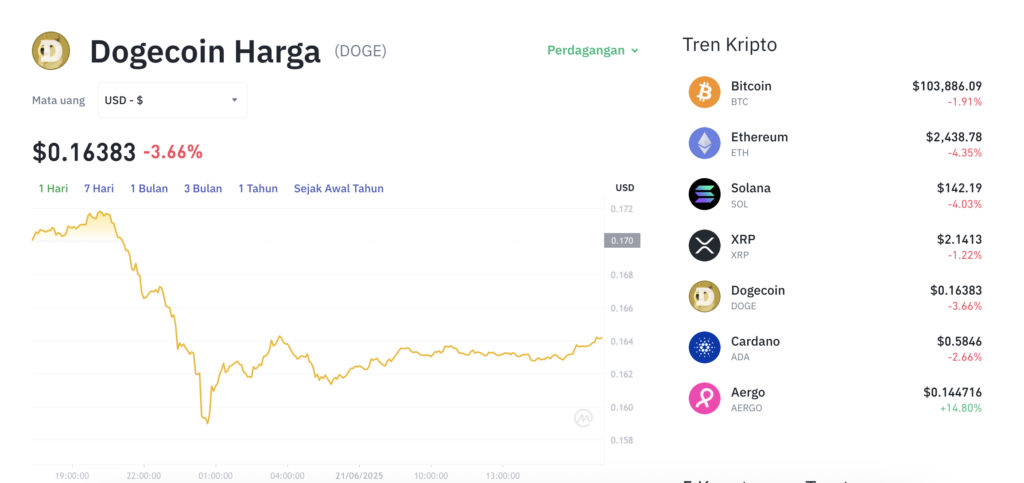 Pergerakan harga Dogecoin (DOGE/USDT) pada Sabtu, 21 Juni 2025. Sumber: Tokocrypto.