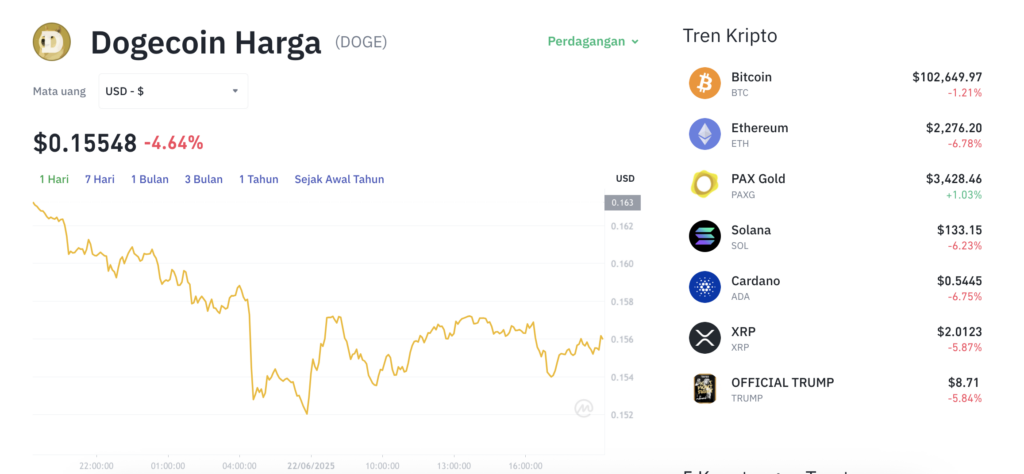 Pergerakan harga Dogecoin (DOGE/USDT) pada Minggu, 22 Juni 2025. Sumber: Tokocrypto.
