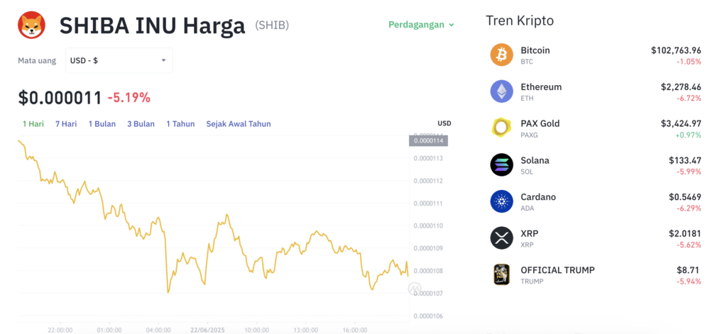 Pergerakan harga Shiba Inu (SHIB/USDT) pada Minggu, 22 Juni 2025. Sumber: Tokocrypto.