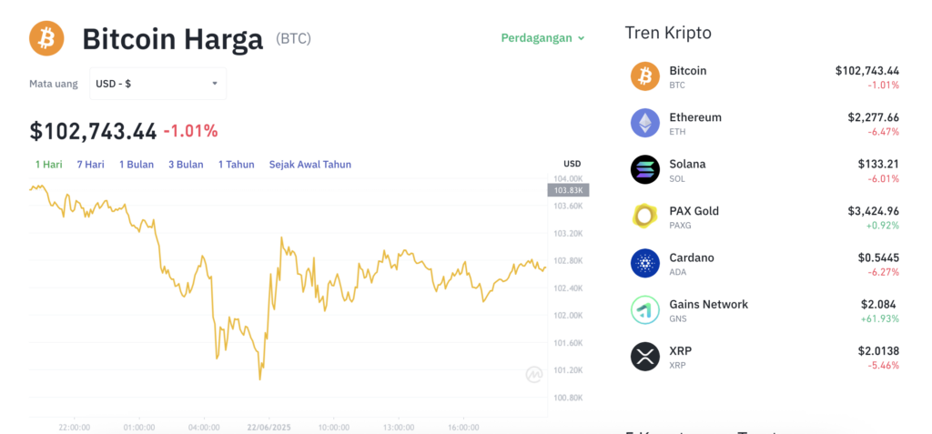 Pergerakan harga Bitcoin (BTC/USDT) pada Minggu, 22 Juni 2025. Sumber: Tokocrypto.