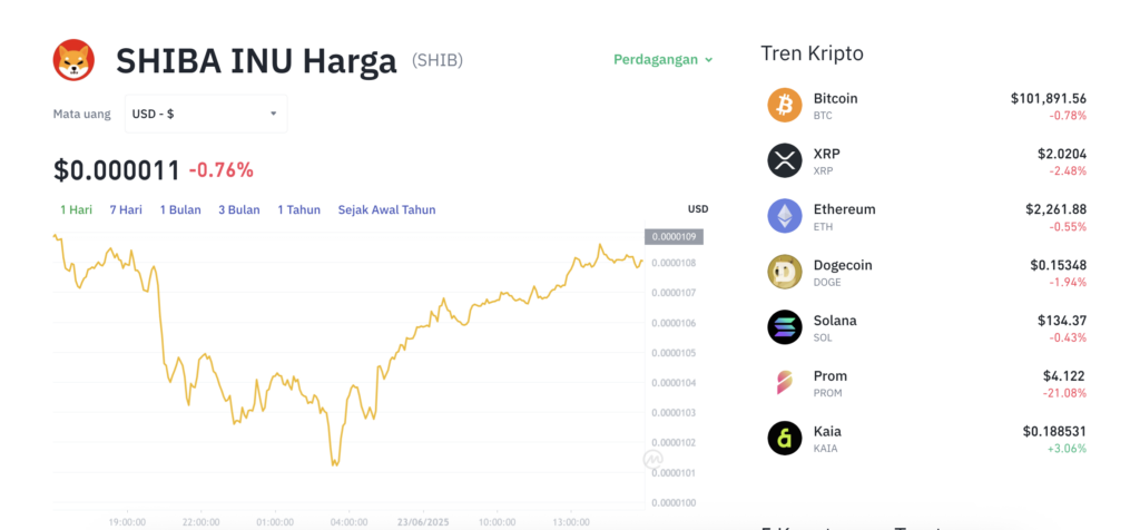 Pergerakan harga Shiba Inu (SHIB/USDT) pada Senin, 23 Juni 2025. Sumber: Tokocrypto.