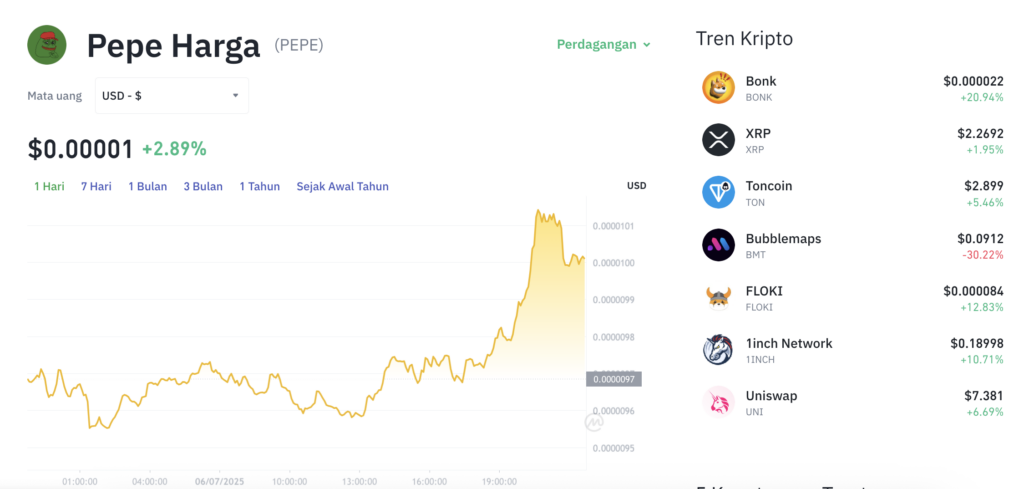 Pergerakan harga Pepe (PEPE/USDT) pada Minggu, 6 Juli 2025. Sumber: Tokocrypto.