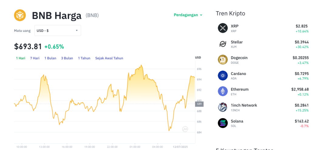 Pergerakan harga Binance Coin (BNB/USDT) pada Jumat, 11 Juli 2025. Sumber: Tokocrypto.