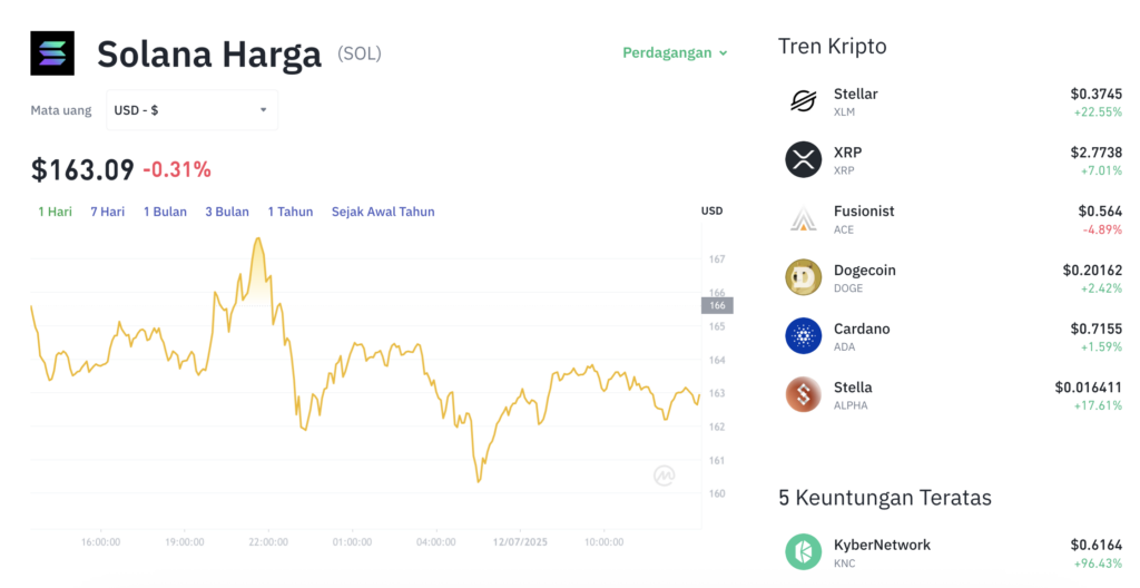 Pergerakan harga Solana (SOL/USDT) pada Sabtu, 12 Juli 2025. Sumber: Tokocrypto.