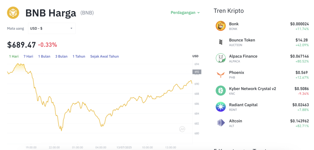 Pergerakan harga Binance Coin (BNB/USDT) pada Minggu, 13 Juli 2025. Sumber: Tokocrypto.