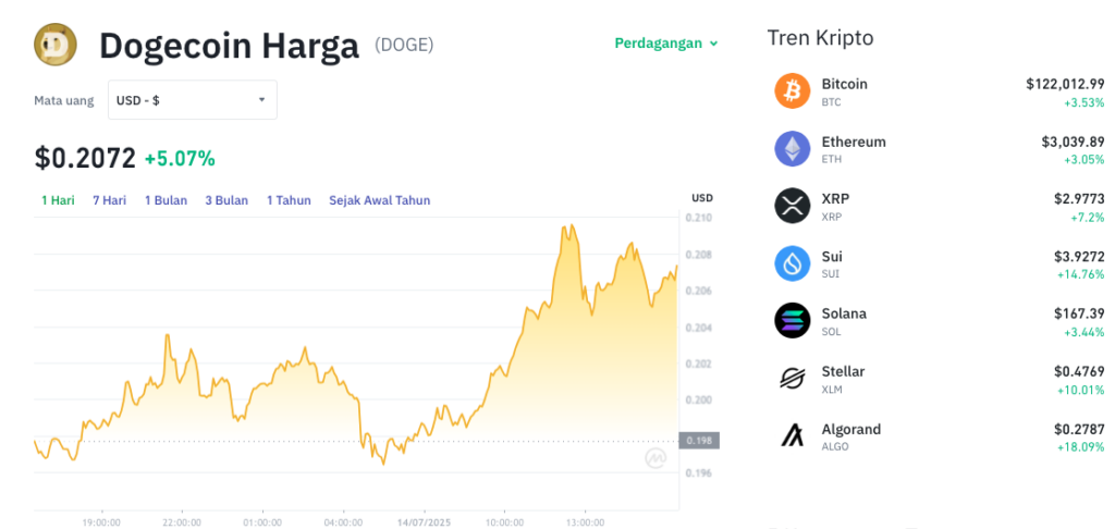 Pergerakan harga Dogecoin (DOGE/USDT) pada Senin, 14 Juli 2025. Sumber: Tokocrypto.