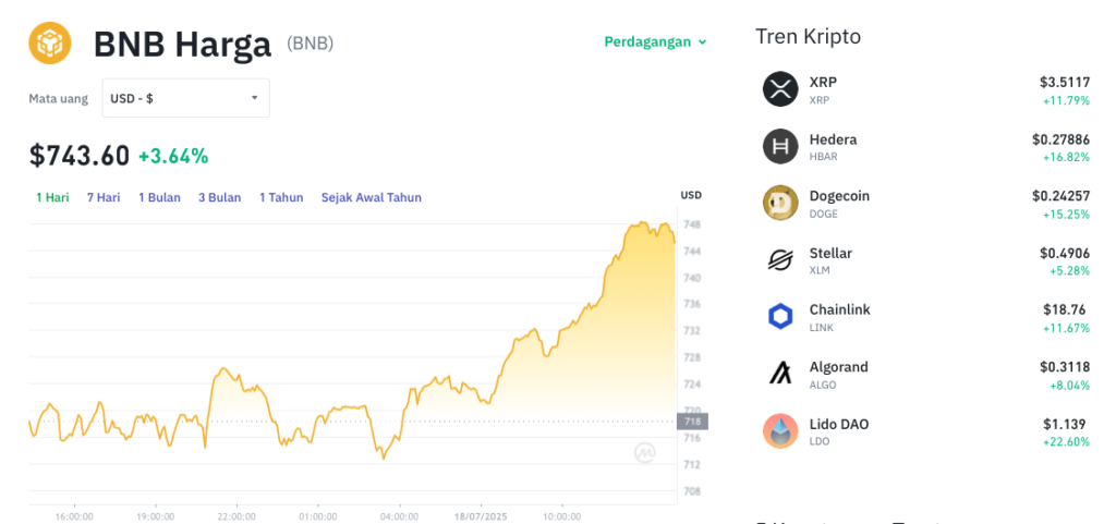 Pergerakan harga Binance Coin (BNB/USDT) pada Jumat, 18 Juli 2025. Sumber: Tokocrypto.