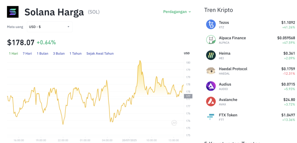 Pergerakan harga Solana (SOL/USDT) pada Minggu 20 Juli 2025. Sumber: Tokocrypto.