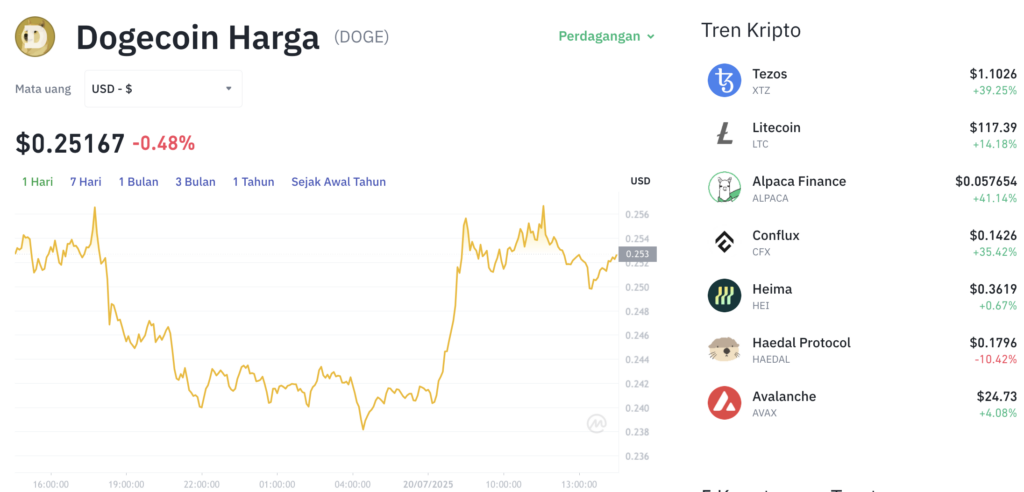 Pergerakan harga Dogecoin(DOGE/USDT) pada Minggu, 20 Juli 2025. Sumber: Tokocrypto.